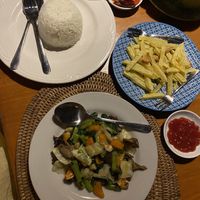 Dinner-fresh potato fries, ketchup, rice and cap cay (ask without soup because they usually use some chicken boujon) and amazing sumba sambal  at Mario Hotel and Cafe in 