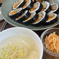 Soysauce gimbap. It came out with bean sprouts soup and seasoned radish   at Dajeonghan Maeum Gimpab in Seoul