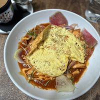 Chilaquiles with vegan egg and vegan cheesee  at Sun Of Wolf in Palo Alto