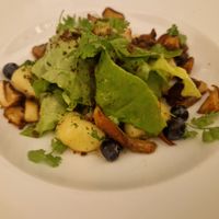 Gnocchi mit Steinpilzen, Fenchel-Velouté, Heidelbeeren, Kopfsalat und Steinpilz-Crumble at Restaurant Nil in Hamburg