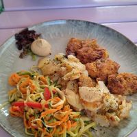 Steak with fried potatoes and vegetable noodles at Artha in Porec