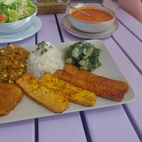 seitan+tempeh+tofu+lentils+rice+spinach potatos
salad and soup. 
+1 beer and 1 lemonade = 30 euros at Artha in Porec