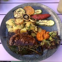 Seitan in sauce with baked potatoes and grilled vegetables   at Artha in Porec