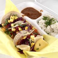 Jackfruit tacos with mango salsa, rice and beans   at Tacos Sinaloa in Kanab
