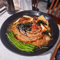 Noodles in soup with bamboo, tofu sheet, greens, wood ear fungus, plus nori and sesame (free to all orders) at Vege Creek 蔬河 - Zhongshan in Taipei