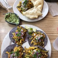 Sopapilla and blue corn street tacos with grilled veggies   at Salsa Verde Grill in Bar Harbor