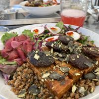 Protein bowl with tempeh buckwheat beans, and a tasty dressingg  at Grashka Deli in Ljubljana