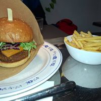 Vegan burger and fries at Grashka Deli in Ljubljana