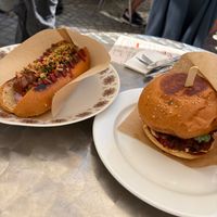 Oyster mushroom burger and hot dog at Grashka Deli in Ljubljana