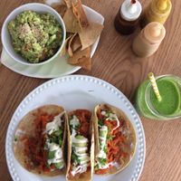 guacamole, salsas, carrots tacos & green juice at La Senda Restaurante in Playa Del Carmen