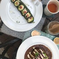 Pastel Azteca & Rollitos de Nori  at La Senda Restaurante in Playa Del Carmen