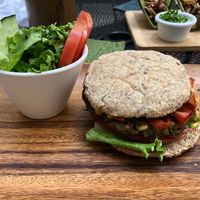 Lentil burger  at La Senda Restaurante in Playa Del Carmen