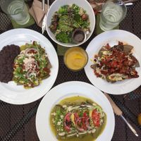 chillaquiles w/chickpea chorizo (left) jackfruit nachos (right) (top)salad. (bottom) entomadas.  at La Senda Restaurante in Playa Del Carmen