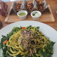 Green salad and jackfruit tacos at La Senda Restaurante in Playa Del Carmen