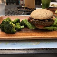 Senda burger (Lentil base) without potatoes or potato cheese. at La Senda Restaurante in Playa Del Carmen