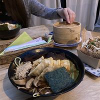 Vegan pod norenami ramen, momo dumplings and a Seoul gua bao  at Pod Norenami in Krakow