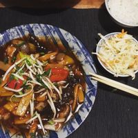 Pod Norenami: main dish with 'fake' meat, served with jasmine rice & some fresh veggies at Pod Norenami in Krakow