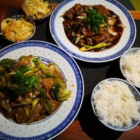 two faux-beef main courses plus sides at Pod Norenami in Krakow