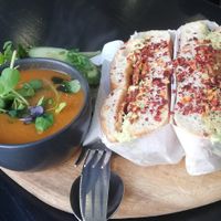 Soup of the day and smashed avocado bacon chilli flake toasted bagel at Kettle Black in Paisley