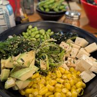 Vegetarian poke bowl and garlic edamame at Hokkaido Ramen House in Santa Cruz