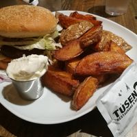 Original burger, potatoes and wet tissue at Tusen and 2 Restaurang and Bar in Malmo