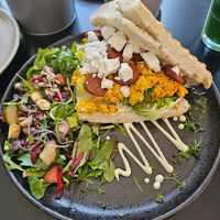 Scrambled vegan eggs with vegan sucuk and feta at vorveg in Hannover