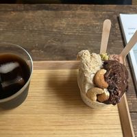 Iced barley tea and chocolate and cashew gelato  at SHUKA - 種菓 in Kyoto