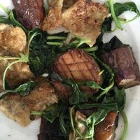 Seared king oyster mushrooms, eggplant and yuba with fried basil leaves  at Gu Li Zi Ran Feng Wei in Tainan