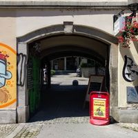 Square entrance. The restaurant is inside. at Ajdovo Zrno in Ljubljana