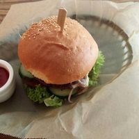 Quinoa & Bean Burger with ketchup - excellent combination, amazing texture at DopHert in Amsterdam