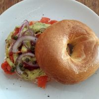 Delicious bagel with cream cheese and marinated carrots that taste like salmon :))) Yammm.... at DopHert in Amsterdam