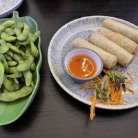 Edamame and vegetable spring rolls   at Sam Thai Restaurant in Southport