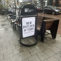 Their sign outside  at De Vegetarische Slager Shop in Rotterdam