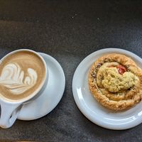 Oat milk Mexican Mocha and vegan savory croissant. at Coffee Fox in Savannah