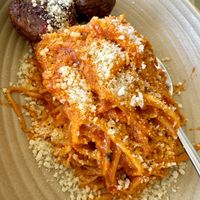 Palmini noodles with impossible meatballs   at Malibu Farm in San Diego