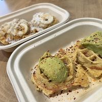 Savory & Sweet: Vegan avocado waffle and vegan banana nut waffle.   at BARE Blends in Brookline