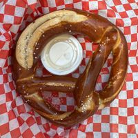 pretzel with olive oil (cheese sauce NOT vegan—but my non-veg boyfriend wanted it)   at Copenhagen Sausage Garden in Solvang