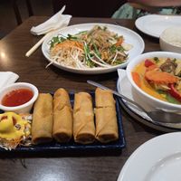 Vegetable egg rolls, pad thai, pumpkin curry at King of Thai Boat Noodles in Honolulu