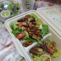 Vegan taco beans and rice bento box. We got it without a side that contained bonito flakes, might have been the mashed potato. at Forest Stand Sengakuji in Tokyo