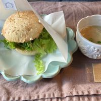 Soy meat burger on sourdough bun with veggie soup  at  Ikuri in Kyoto