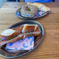 Vegan ham Sandwich, Power Bagel and Croissant filled with vegan meat at Bakery Bakery - Basel SBB in Basel