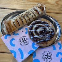 Sausage roll and cinnamon roll  at Bakery Bakery - Basel SBB in Basel