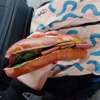 Pastrami sandwich with pickled cucumber and pear 🤩 at Bakery Bakery - Basel SBB in Basel