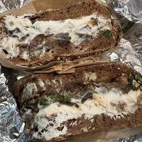 Vegan frenchie on pumpernickel everything   at Knickerbocker Bagel in Brooklyn