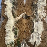 Vegan Frenchie (grilled spinach, mushroom, onion and tofu cc) on pumpernickel everything   at Knickerbocker Bagel in Brooklyn