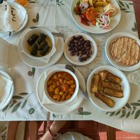 Vegetable platter, stuffed vine leafs, grilled courgette, giant beans in red sauce, olives, pitta  at Aqua Marina Taverna in Kefalonia