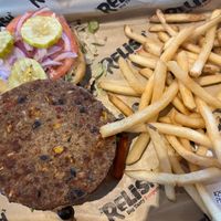 Veggie burger and fries how it comes  at Relish - Big Tasty Burgers! in Gainesville