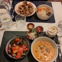 1- Pleurotes frites 2- Ramen 3- "Poisson" 4- Nouille "Tom" at Carré Jardin in Lyon