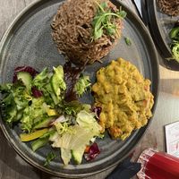 Chickpea curry and rice and pea  at Jamrock in Leeds