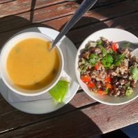 Small quinoa salad (no feta) and small cup of apple & butternut squash soup (no sour cream; is already made with coconut milk)  at Salt Shaker Deli in Lunenburg